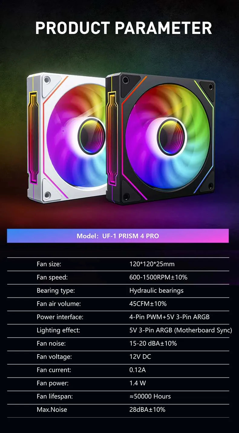 UPSIREN UF-1 PRISM 4 PRO ventilateur de châssis d'ordinateur 12 cm ARGB 4 broches PWM ventilateur de refroidissement silencieux 12 V grand Volume d'air 45.2CFM/600-1500 tr/min