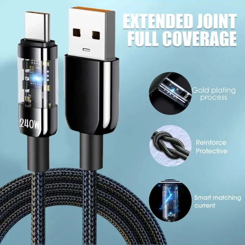 0,25/1/1,5/2M 240W Cable de datos de carga súper rápida USB C PD de nailon con pantalla digital LED, cables de datos de carga rápida USB a Tipo C