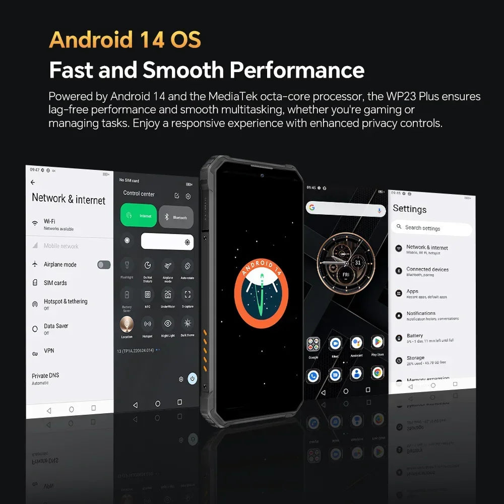 OUKITEL WP23 Plus Rugged Smartphone, Unisoc T606 Octa-Core Processor, 6.52 Inch Screen, 8GB RAM + 256GB Storage, 10600mAh Battery, 13MP Camera, Android 14, NFC.