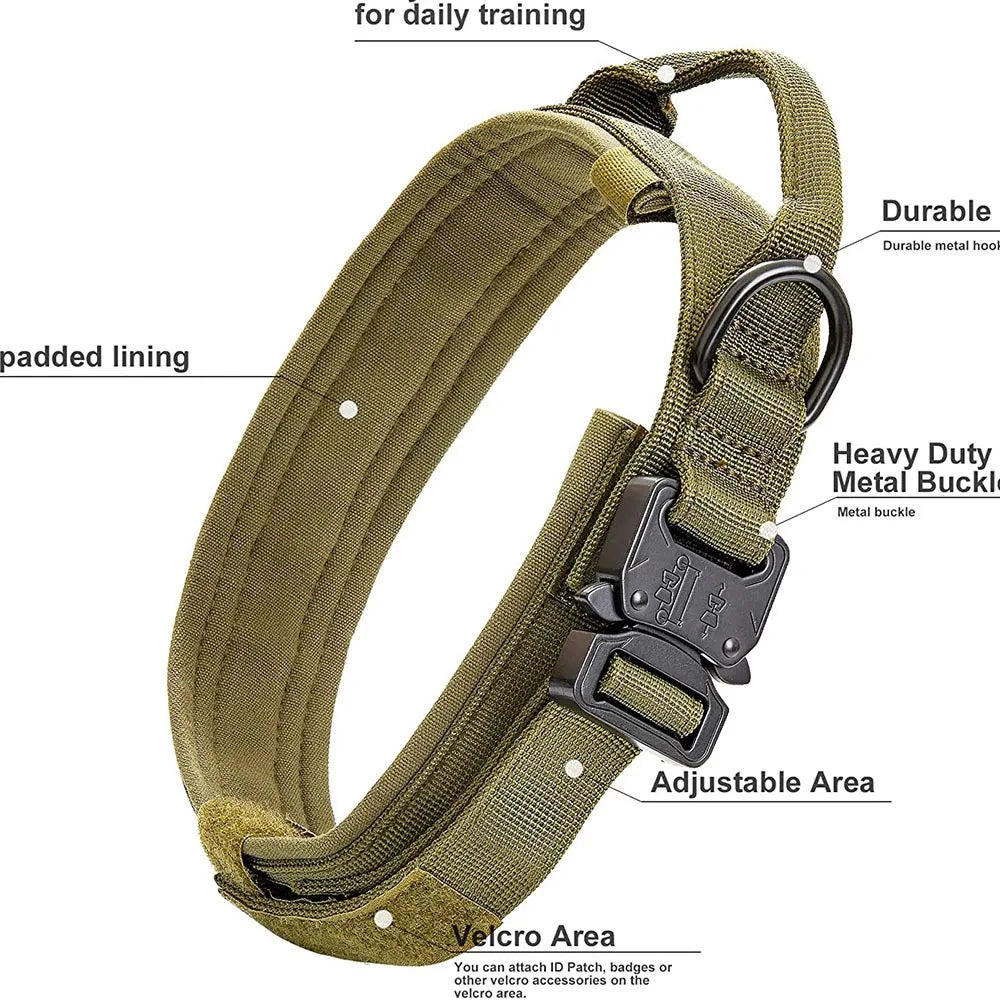Collier Tactique Nylon pour Chien — Poignée Réglable, Robuste, Taille Moyenne & Grande