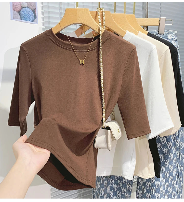 T-shirt femme 100% coton basique — col rond, tendance, uni, manches courtes, été 2026