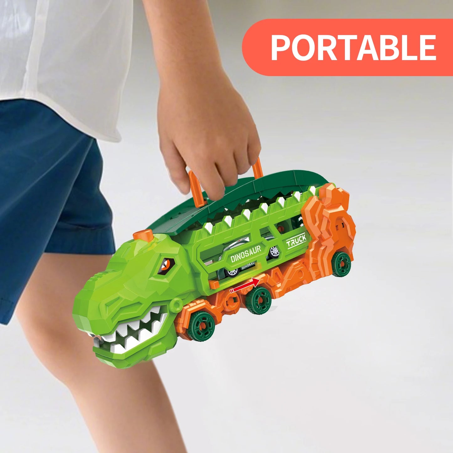 Camión dinosaurio de transporte con pista de carreras deslizante y plegable, se transforma en T-Rex y triciclo de pie, el mejor regalo de cumpleaños para niños