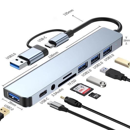 Estación de acoplamiento HUB USB + Tipo C 8 en 2, con adaptador Jack de Audio de 3.5mm, lector de tarjetas Micro SD, para ordenador portátil, tableta, teléfono, convertidor de disco