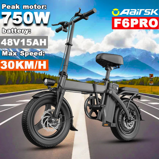 Bicicleta eléctrica con motor de 750 W, batería de litio extraíble de 48 V y 15 Ah, bicicleta eléctrica plegable para adultos, pantalla LCD, neumáticos de 14 pulgadas