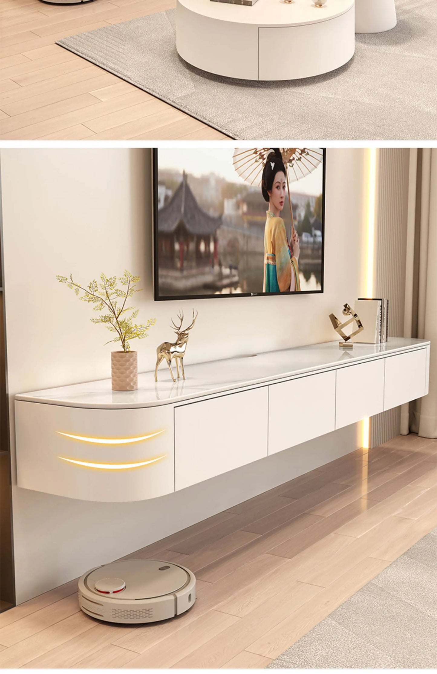 Meuble TV nordique tendance flottant avec tiroirs — salon