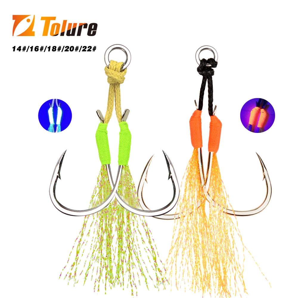 TOLU 10 pièces crochets d'assistance de queue de gabarit en métal 13-22 #   Avec ligne PE plume anneau solide gabarits uv hameçon pour 10-120g leurre crochets de pêche