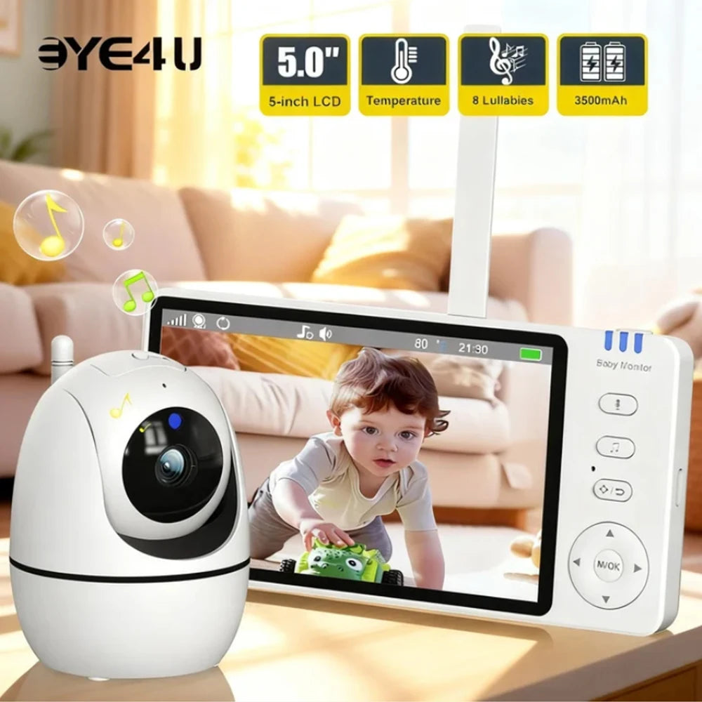 5-inch Video Baby Monitor with Camera, PTZ Zoom, Security Protection, Surveillance Cameras, Temperature Sensor, Lullaby