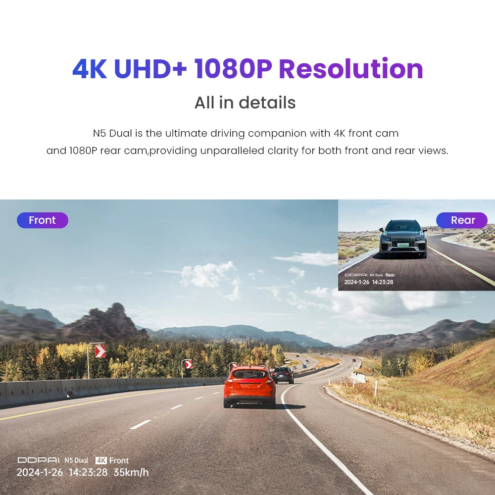 Dashcam double 4K avant et arrière — Ultra HD, NightVIS, ADAS, GPS, enregistrement automatique