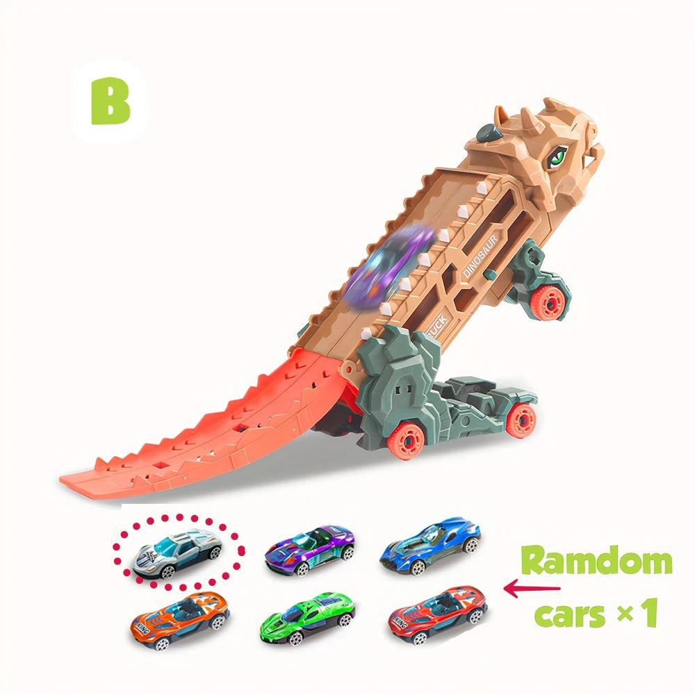 Camión dinosaurio de transporte con pista de carreras deslizante y plegable, se transforma en T-Rex y triciclo de pie, el mejor regalo de cumpleaños para niños