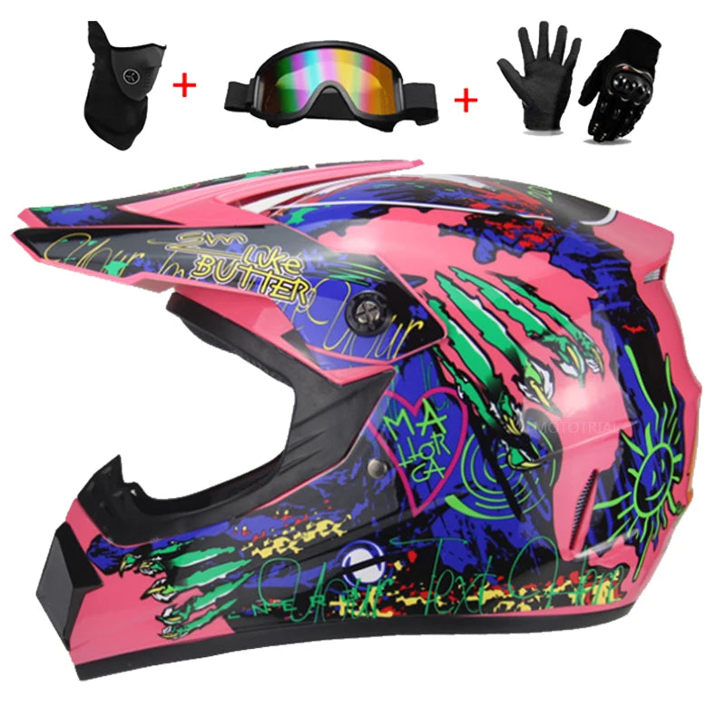 Casco completo de moto para niños, cascos de motocross para niños, gafas de moto todoterreno, guantes de protección para ciclismo