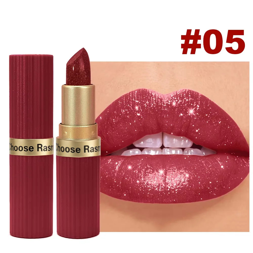 Rouge à lèvres velours rose nacré, métallique, imperméable, longue durée, mat, scintillant, diamant, maquillage cosmétique pour femmes