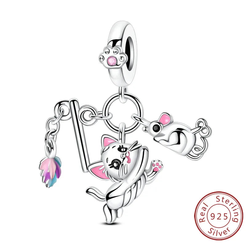 Abalorios de plata de ley 925 con huellas de perro, gato, corazón, animales, abalorios que se ajustan a pulseras, collares, colgantes, joyas para mujer, para hacer tú mismo