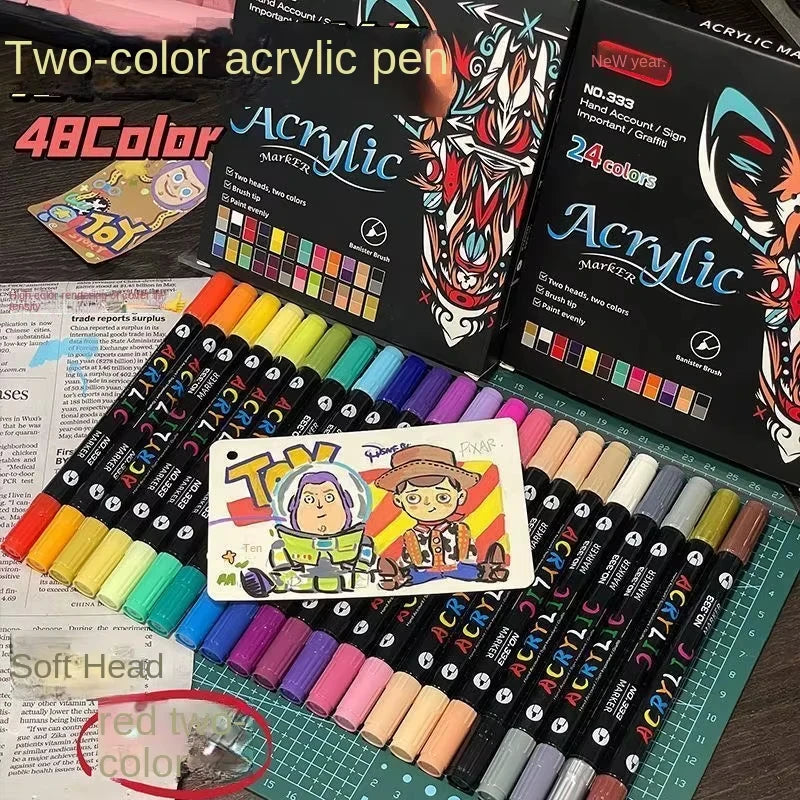 Rotuladores de pintura acrílica profesionales de 48 colores, punta doble fina y pincel, adecuados para piedra, madera, caligrafía