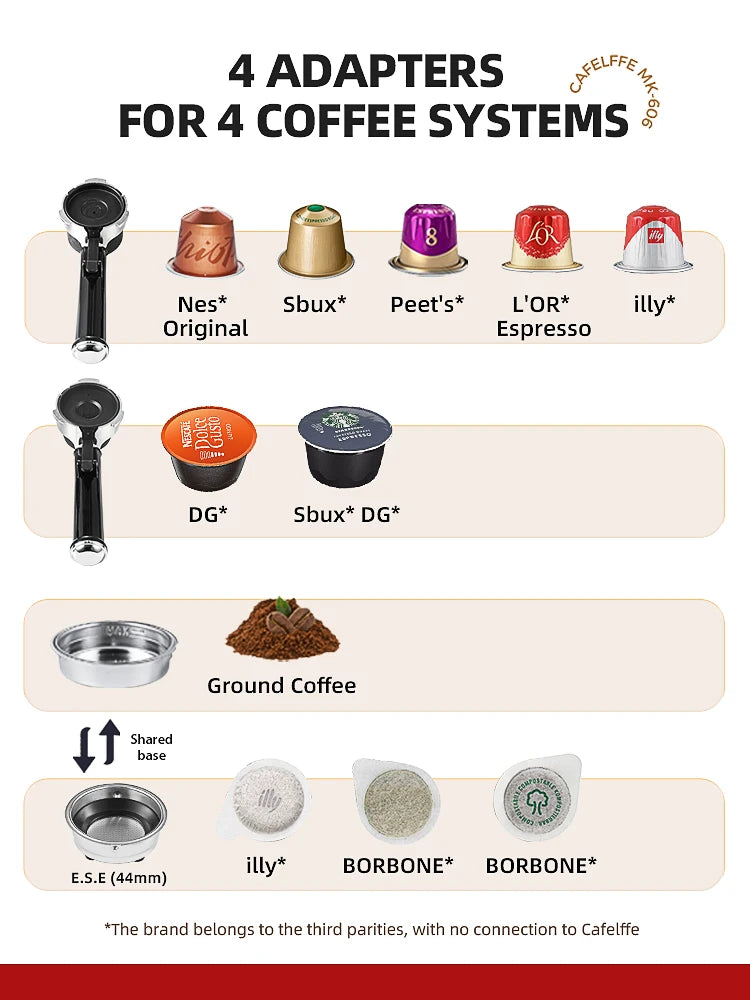 Cafetera Cafelffe 4 en 1, máquina de café, capuchino, Dolce Gusto, Nespresso, cápsulas, expreso, monodosis ESE, café molido. Regalo para amantes, papá, mamá