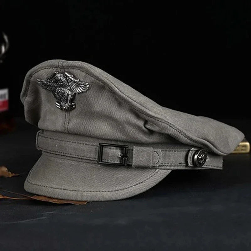 Retro Sailor Visor Cap for Men and Women, Canvas Spring Military Hat, Gray Eagle Belt, Locomotive Cap, 2024