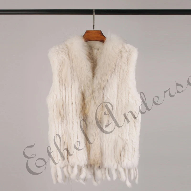 ETHEL ANDERSON – Chaleco con borlas de piel de conejo auténtica, chaleco de punto de alta calidad, vintage, de piel de mapache, ropa de abrigo