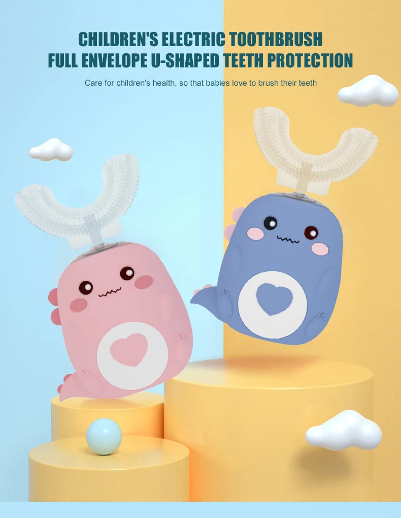 Cepillo de dientes eléctrico infantil en forma de U, rotación de 360 grados, dibujos animados inteligentes, cepillo de dientes de silicona, automático, recargable, sónico