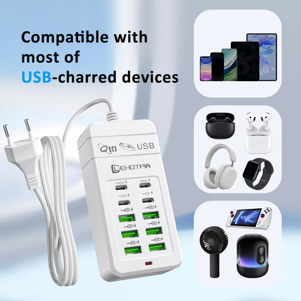 Multi-Fast USB Charger, EU UK US Plug, Power Adapter, 1.2m Extension Cord, 6 USB-A 4 USB-C, Portable for Mobile Phone