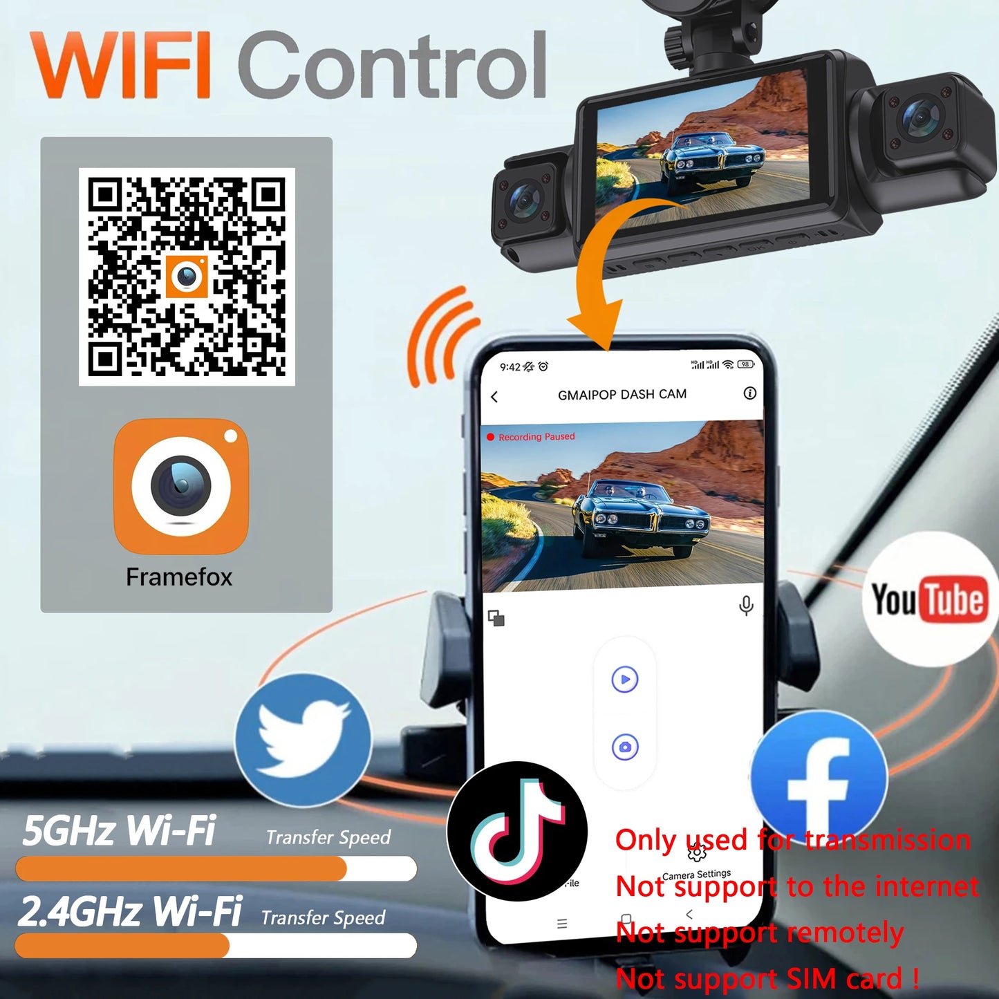 Dashcam WiFi 4 Canaux FHD 1080P — Boîte Noire Vision Nocturne Kit Câbles Rigides