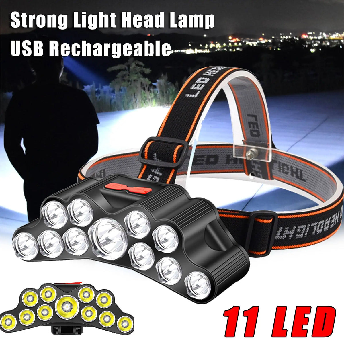 Lampe frontale puissante à 5/11 LED, batterie 18650 intégrée, Rechargeable par USB, lanterne pour Camping en plein air, pêche