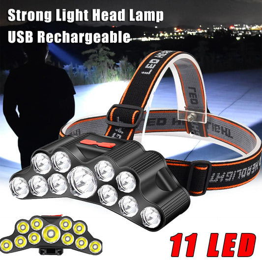 Lampe frontale puissante à 5/11 LED, batterie 18650 intégrée, Rechargeable par USB, lanterne pour Camping en plein air, pêche