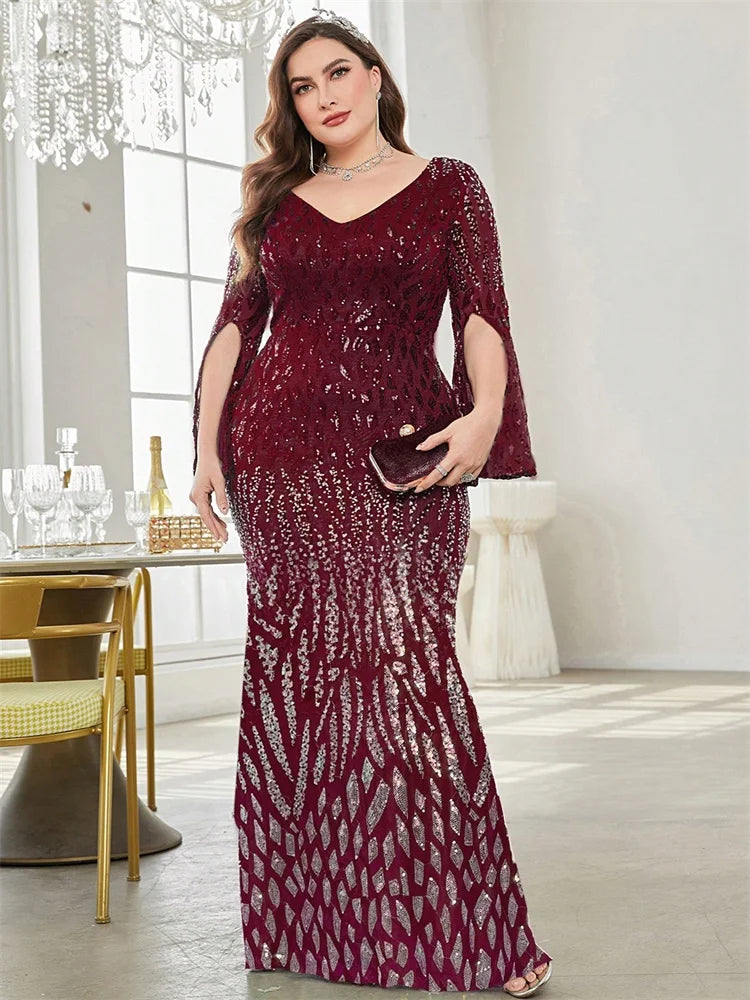 Grande taille élégante paillettes noir robe de soirée 2025 femmes formelle Maxi bal manches longues fête luxe robe de Cocktail