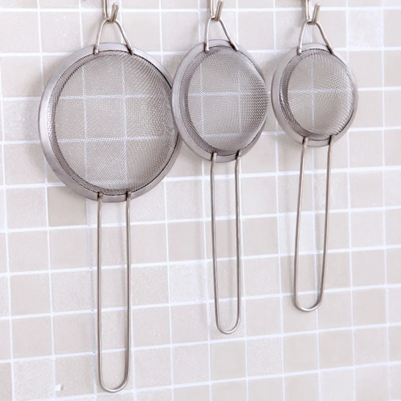 Colador de malla fina de acero inoxidable, con mango y gancho resistentes, tamiz para jugo de leche de soja, utensilios de cocina, 3 piezas