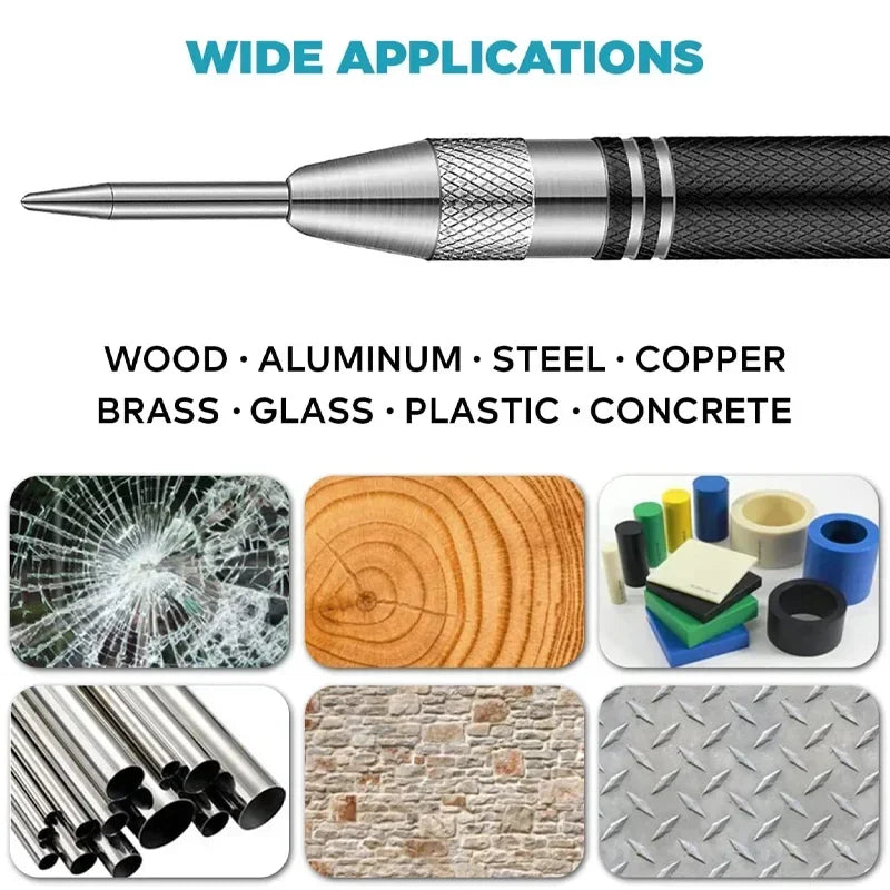 Automatic center punch, hole marker, wood, metal, steel, spring-loaded, drill locator, heavy-duty punch, carpentry, automatic hand tool