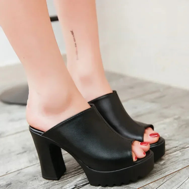 Mules à Talons Hauts & Épais Femme — Sandales Plateforme Bouche de Poisson Été