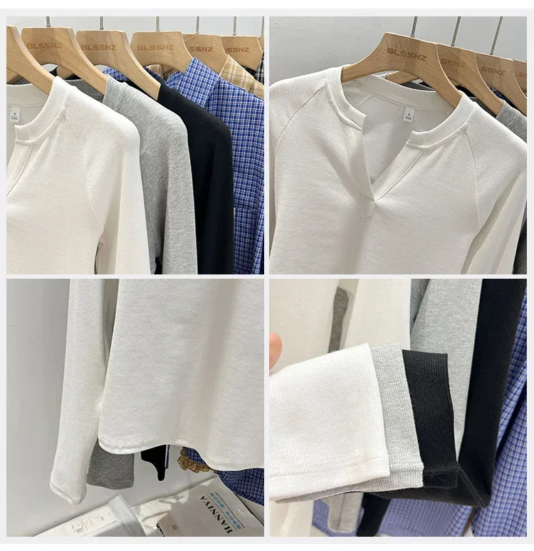 T-shirt basique ajusté à col en V et manches longues pour femme, style coréen, polyvalent, simple, couche de base, décontracté, collection 2026