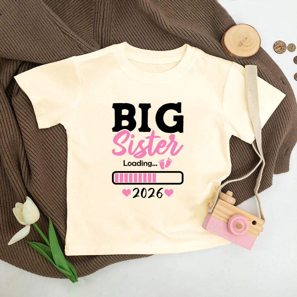 T-shirt enfant grande sœur 2026 — annonce de grossesse, rétro, manches courtes, tenue d'été
