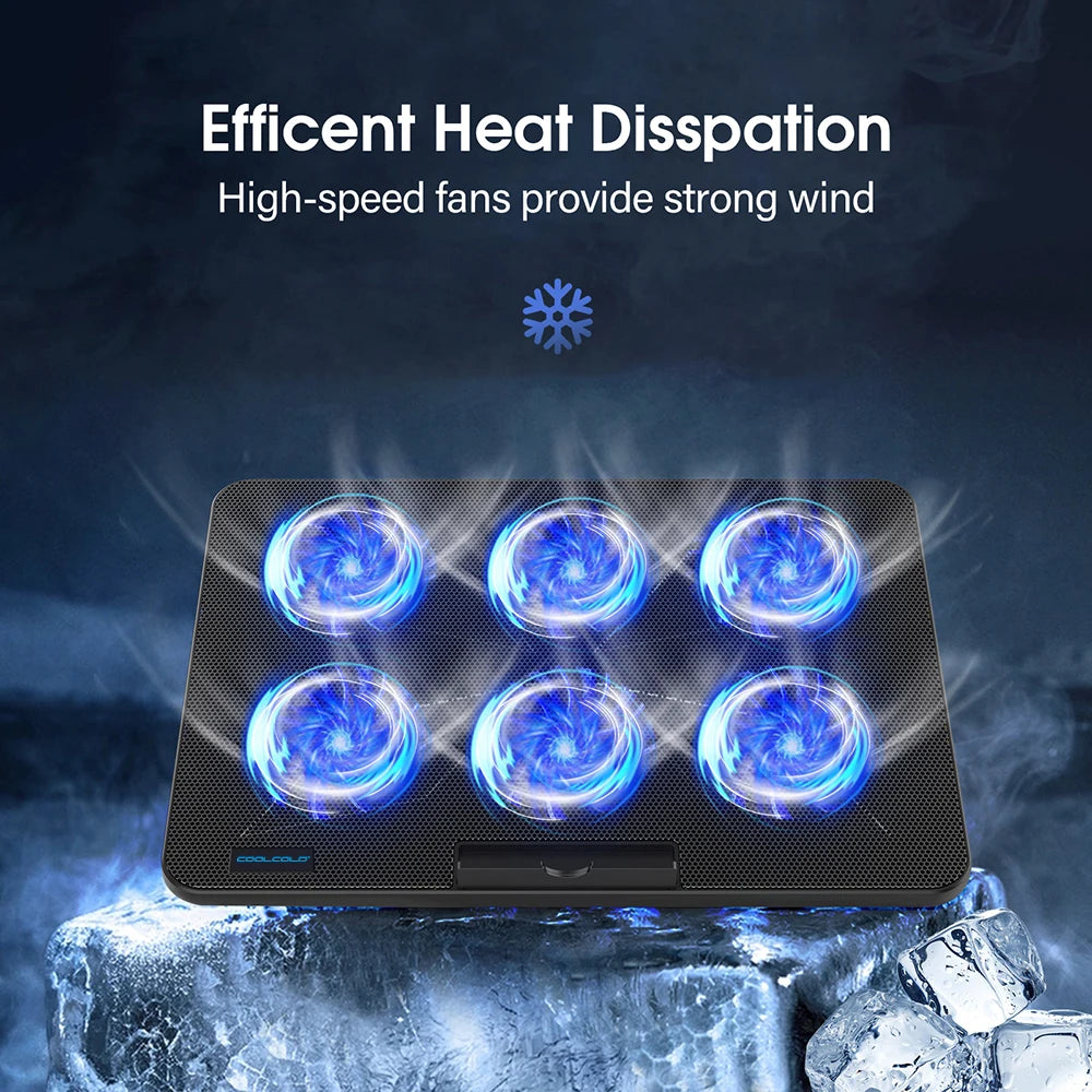 Coolcold 15.6-17.3 pouces coussin de refroidissement pour ordinateur portable avec 6 ventilateurs silencieux, 7 hauteurs vitesse du vent réglable, ordinateur portable Cooer avec support pour téléphone portable
