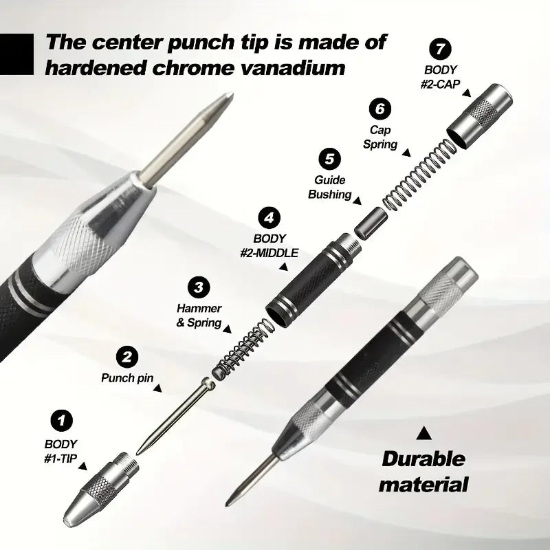 Automatic center punch, hole marker, wood, metal, steel, spring-loaded, drill locator, heavy-duty punch, carpentry, automatic hand tool