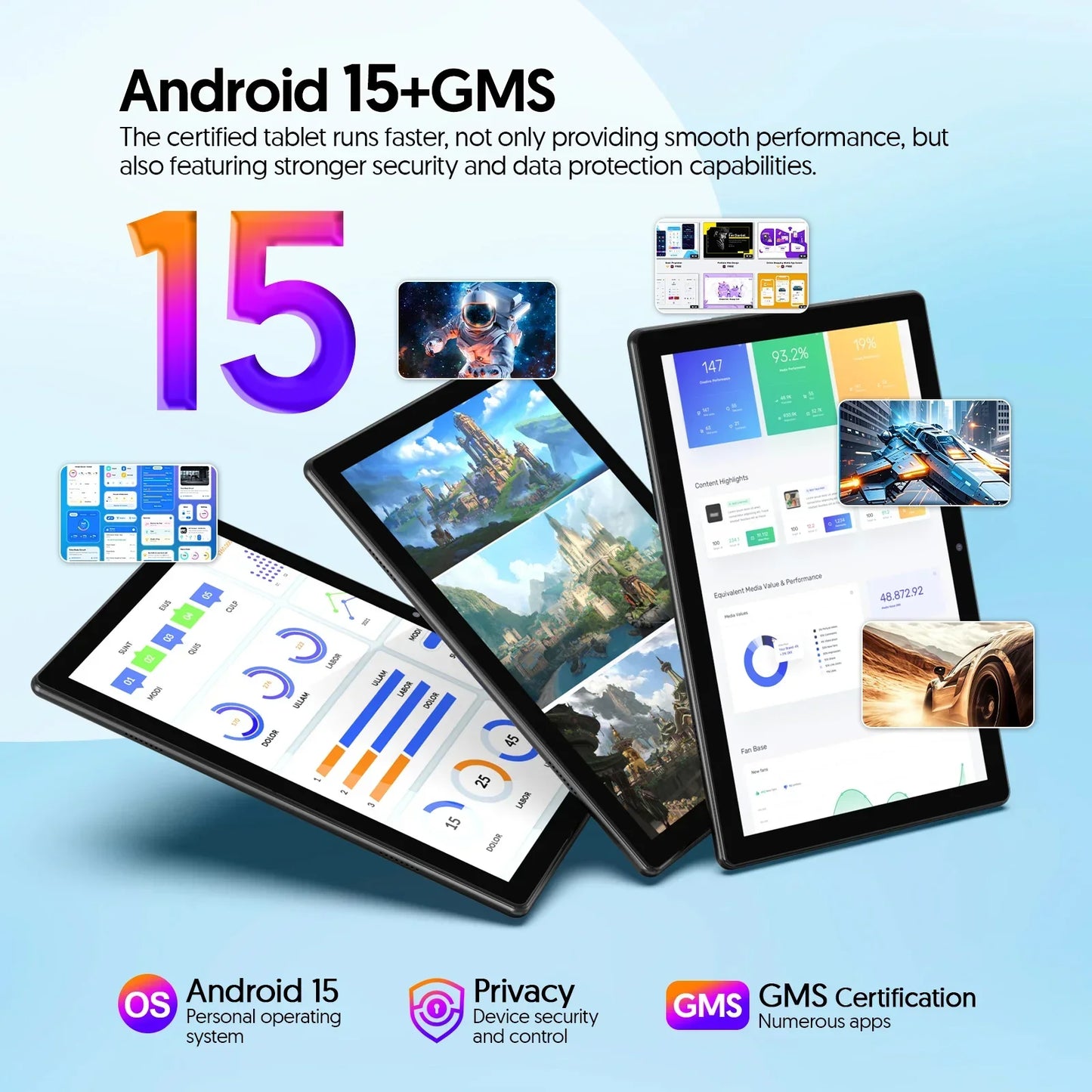 BAKEN Tableta Android 15 de 10 pulgadas, procesador de cuatro núcleos, 12 GB (3+9 de expansión) RAM + 64 GB de almacenamiento, WiFi 5G, cámara dual 1280*800