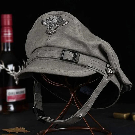 Retro Sailor Visor Cap for Men and Women, Canvas Spring Military Hat, Gray Eagle Belt, Locomotive Cap, 2024