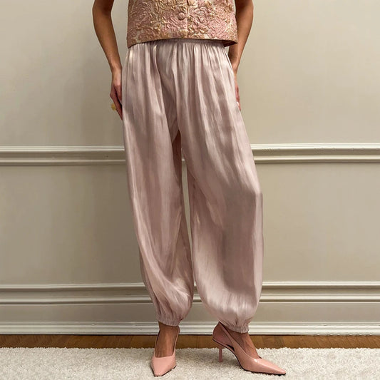 Linad élégant rose crêpe ample Bloomers pour femme rue Chic plissé pantalon femme automne Vintage taille haute pantalons longs 2025