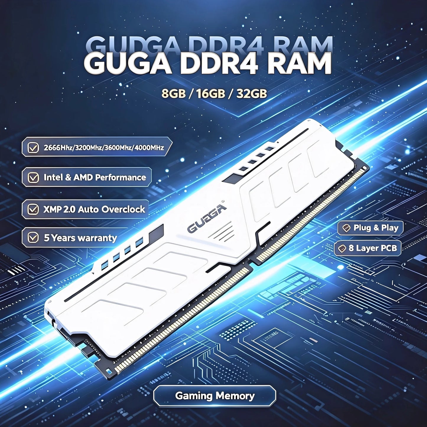 ‌ Mémoire de bureau GUDGA DDR4 RAM 3200MHz/3600MHz/2666MHz 8GB/16GB/32GB 288-Pin DIMM avec dissipateur thermique en aluminium