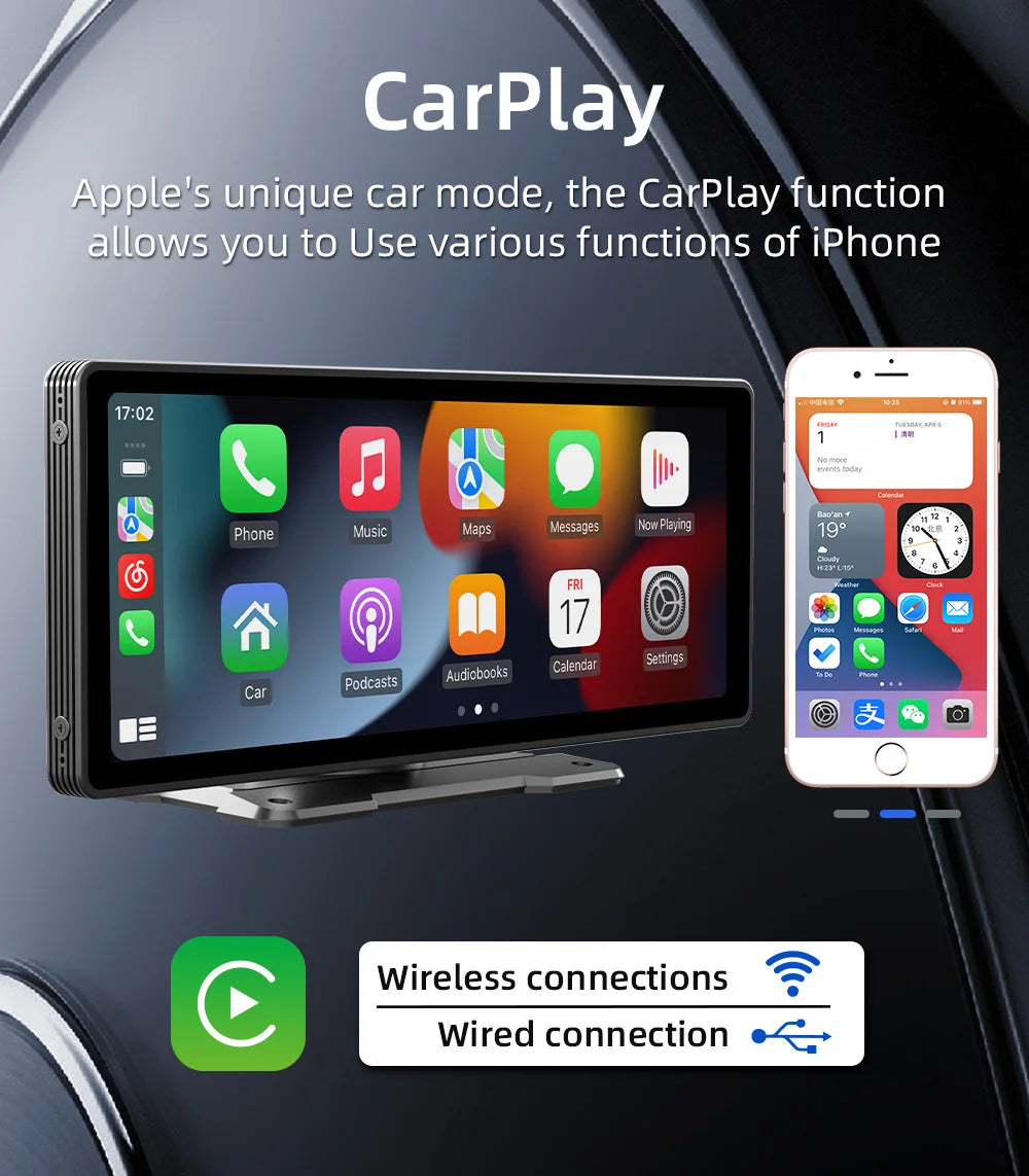 BQCC-Pantalla portátil inalámbrica Carplay, cámara trasera HD, autorradio DVR, reproductor de vídeo MP5, Android Auto, 10.26 pulgadas