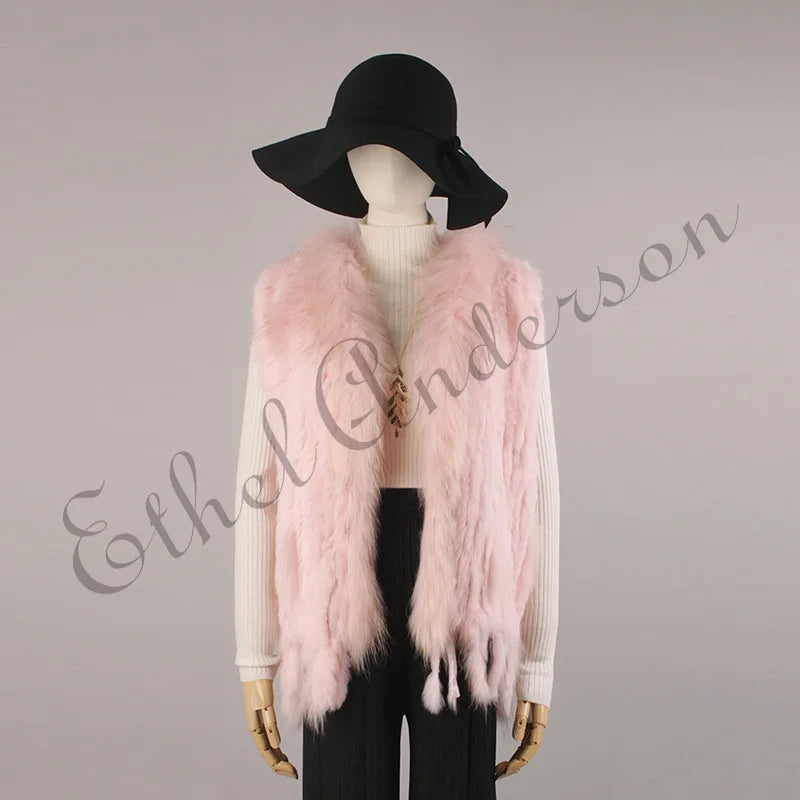 ETHEL ANDERSON – Chaleco con borlas de piel de conejo auténtica, chaleco de punto de alta calidad, vintage, de piel de mapache, ropa de abrigo