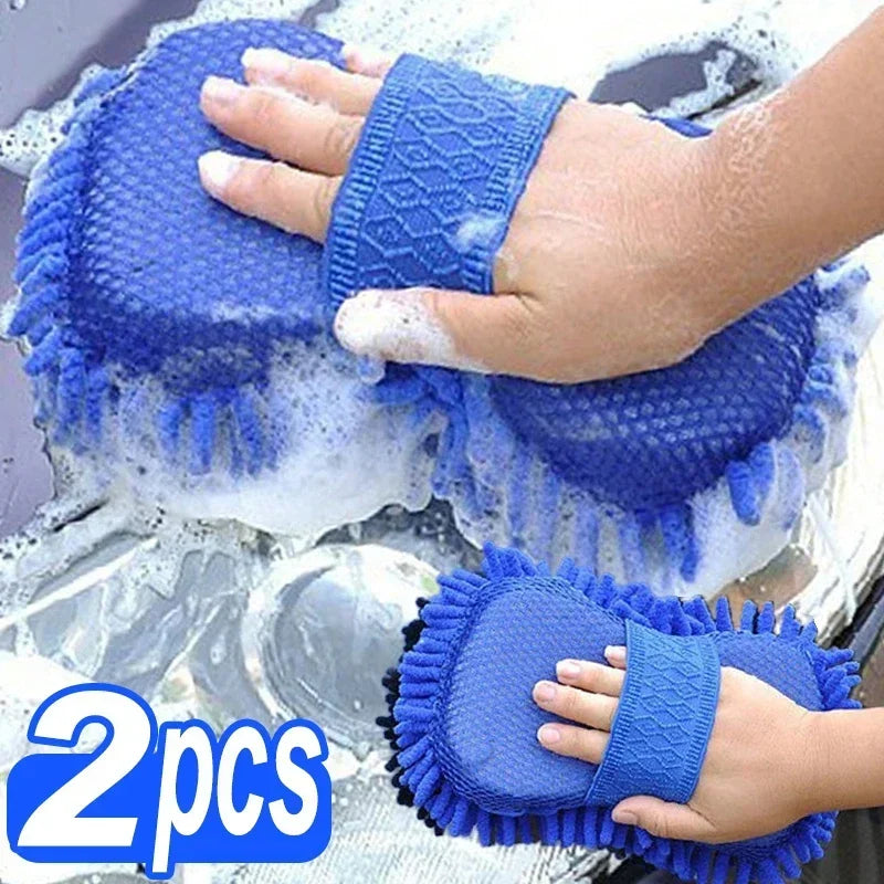 Éponge de lavage de voiture en chenille en microcarence bleue, tampon de brosse de lavage d'entretien, outil de livres, serviette de lavage automatique, gants, accessoires de style, 2 pièces