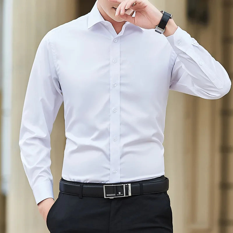 Men's Long-Sleeve Business Shirt, Plus Size, Solid Color, Classic Fashion, Basic, Casual, Slim, White, Brand Apparel, New Collection