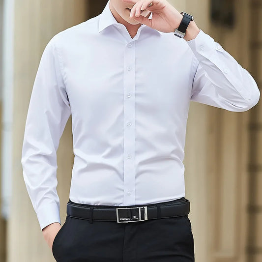 Men's Long-Sleeve Business Shirt, Plus Size, Solid Color, Classic Fashion, Basic, Casual, Slim, White, Brand Apparel, New Collection