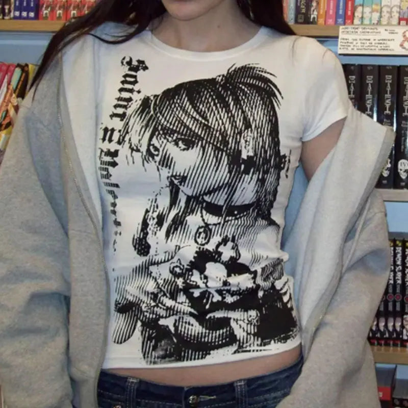 T-Shirt Court Y2K Anime Harajuku Femme — Vintage 90s Emo Streetwear