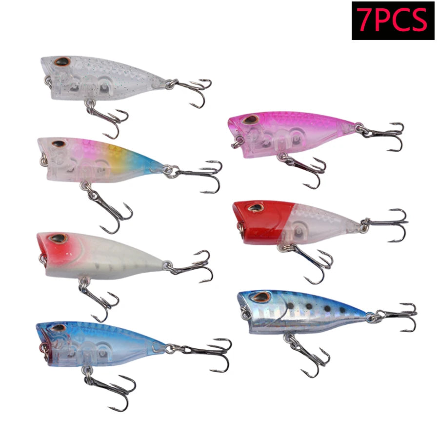Ensemble de 7 leurres de pêche Mini Popper Crankbaits, yeux 3D, appâts durs, kit de leurres artificiels, wobblers pour la pêche à la traîne, brochet, surface de l'eau, swimbaits