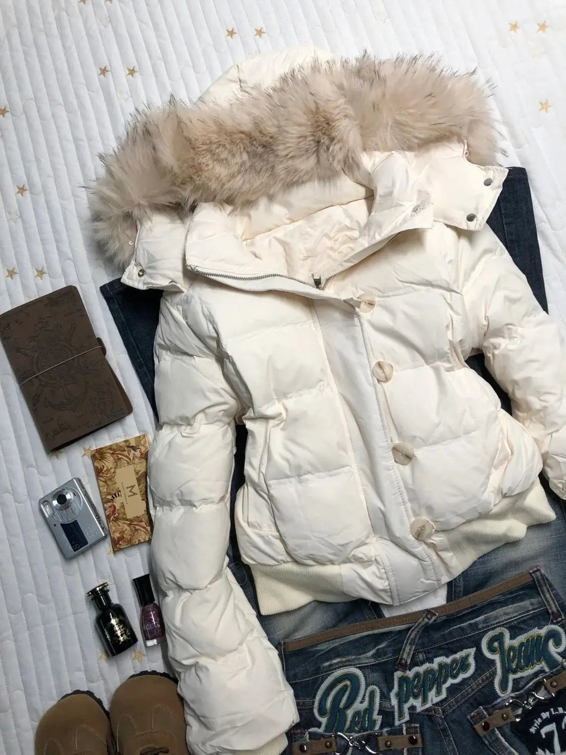 Women's retro American warm fur-collared solid color hooded cotton coat, loose casual slim winter cotton coat jacket