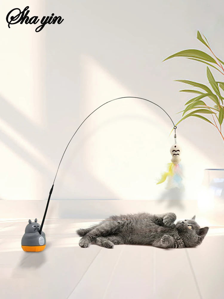 Bâton de pêche et de taquin pour petits chats, rotation à 360 degrés avec cloches à plumes et fil d'acier, 1 pièce