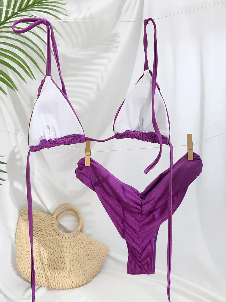 Sexy plis Bikini ensemble solide Micro Bikinis femmes maillot de bain femme Triangle maillots de bain vêtements de plage maillot de bain