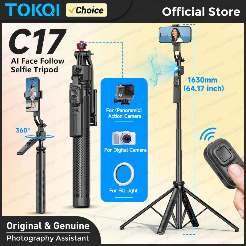 TOKQI C17 – Trépied selfie 360° avec suivi IA automatique, télécommande et lumière de remplissage