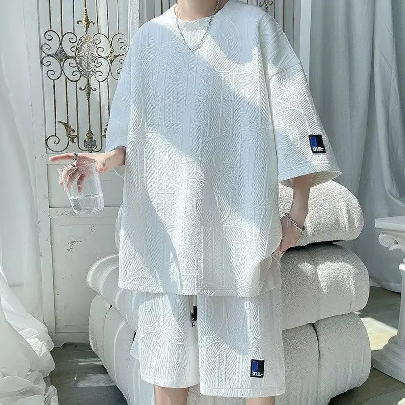 Ensemble d'été homme 2026 — T-shirt décontracté et short en tissu gaufré, survêtement uni ample