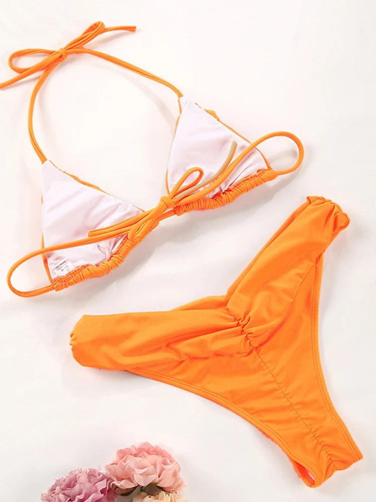 Sexy plis Bikini ensemble solide Micro Bikinis femmes maillot de bain femme Triangle maillots de bain vêtements de plage maillot de bain